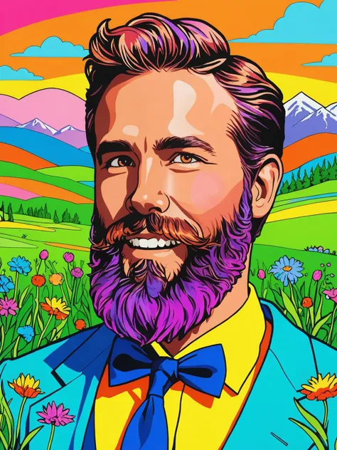 Pop Art style solo, ry4nrey , beard, frolicking in a meadow, <lora:ry4nrey-Lora:1> . Bright colors, bold outlines, popular culture themes, ironic or kitsch