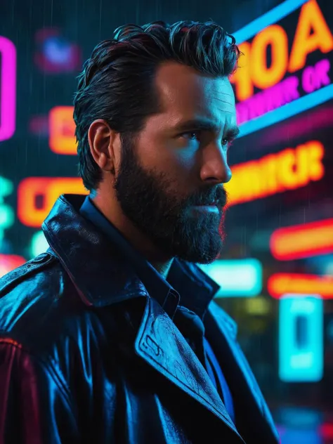 Neon noir solo, ry4nrey , beard, private detective, looking at viewer, <lora:ry4nrey-Lora:1> . Cyberpunk, dark, rainy streets, neon signs, high contrast, low light, vibrant, highly detailed