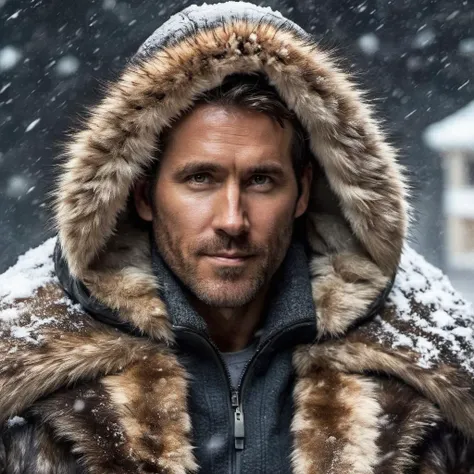 Hyperrealistic art close-up photo of ry4nrey a man, wearing fur coat, fur hood, looking at viewer, snow storm, <lora:lora:1>  . Extremely high-resolution details, photographic, realism pushed to extreme, fine texture, incredibly lifelike