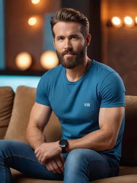 cinematic photo solo, ry4nrey , beard, sitting on sofa, studio photograph, artistic, barefoot, wearing tight tee-shirt and jeans, looking at viewer, posing <lora:ry4nrey-Lora:1> . 35mm photograph, film, bokeh, professional, 4k, highly detailed