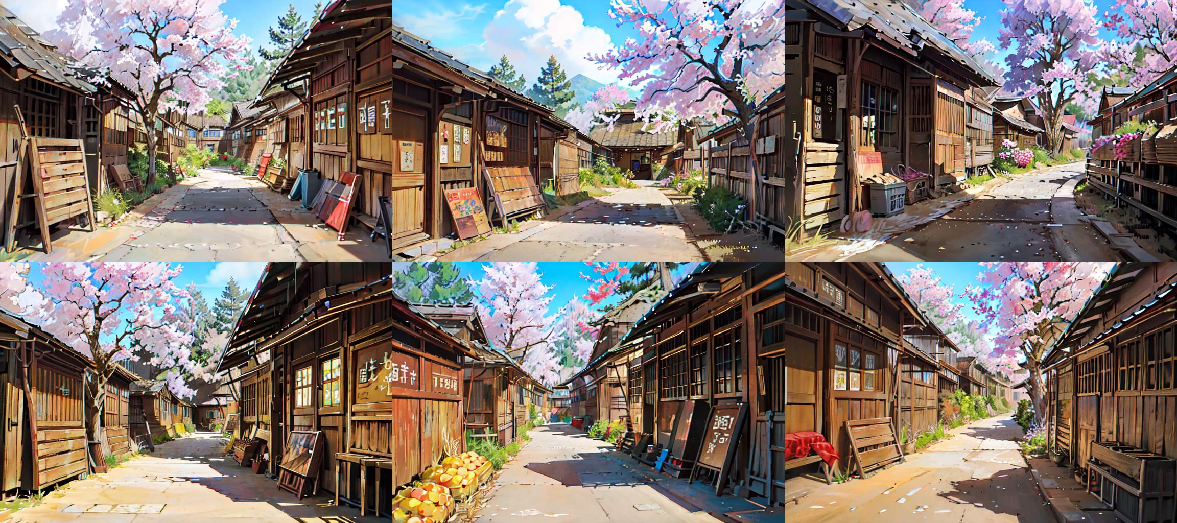 (otherworldly, otherworldly atmosphere, otherworldly appearance), highly insanely detailed, masterpiece, top quality, best quality, highres, 4k, 8k, RAW photo, masterpiece, best quality, highres, (no human:1.4), japanese village, town, side walk, market, fruit stall, sakura tree, under tree, stall under tree, (fantasy world)
