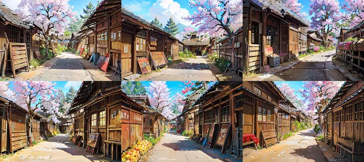 (otherworldly, otherworldly atmosphere, otherworldly appearance), highly insanely detailed, masterpiece, top quality, best quality, highres, 4k, 8k, RAW photo, masterpiece, best quality, highres, (no human:1.4),  japanese village, town, side walk, market, fruit stall, sakura tree, under tree, stall under tree, (fantasy world)