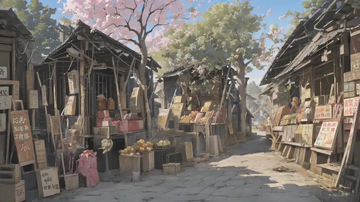 masterpiece, best quality, highres, (no human:1.4),  japanese village, town, side walk, market, fruit stall, sakura tree, under tree, stall under tree