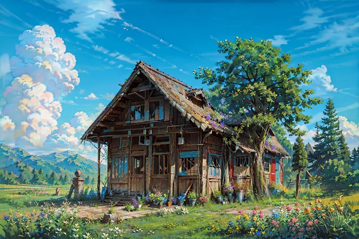 (masterpiece:1.2), best quality, (highres:1.2), (incredibly absurdres:1.4),(extremely detailed:1.4), sharp details, high contrast, no humans, outdoors, tree, scenery, sky, day, flower, blue sky, cloud, grass, building, house,