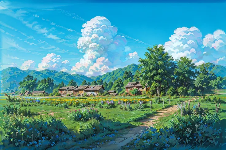 (masterpiece:1.2), best quality, (highres:1.2), (incredibly absurdres:1.4),(extremely detailed:1.4), sharp details, high contrast, no humans, outdoors, tree, scenery, sky, day, flower, blue sky, cloud, grass, building, house,