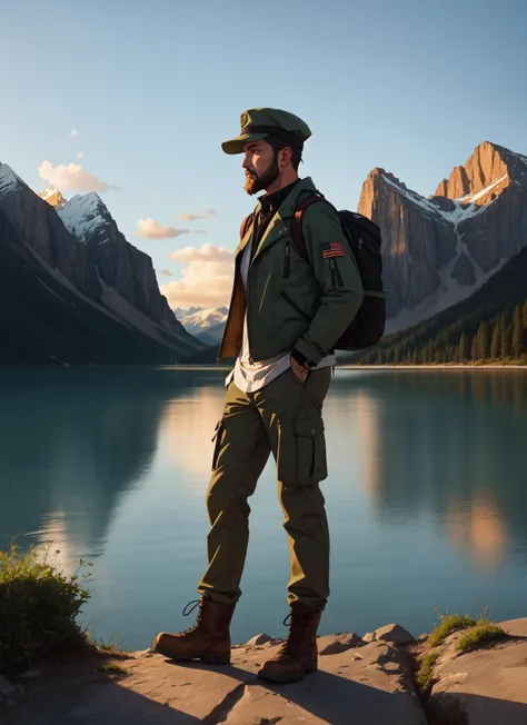 landscape: serene lake, towering mountains, golden sunset, BREAK, character: rugged explorer, scruffy beard, worn-out hat, adventurous spirit, BREAK, clothing: khaki cargo pants, hiking boots, weathered leather jacket, BREAK, quality: epic journey, breathtaking vistas