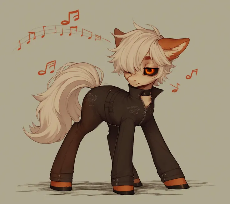 score_9, score_8_up, score_7_up, score_6_up, score_5_up, score_4_up, source_pony, pony, full body, 1boy, solo, taithrah, black sclera, orange eyes, white hair over one eye, fox tail, fox ears, half-closed eyes, musical note,<lora:SLTaithrah:1>