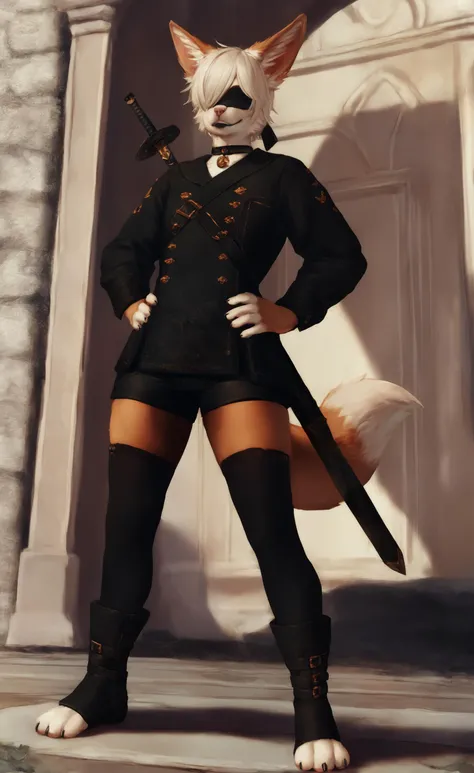 score_9, score_8_up, source_furry, source_anime, yorhaxl, taithrah, furry, anthro, solo, solo, 1boy BREAK
white hair over one eye, fox tail, fox ears, blindfold, choker, long sleeves, boots, hotpants, leggings, stockings, fluffy, detailed fur, black lips, hands on hips, sword,
<lora:SLTaithrah:0.8><lora:Yorha9sXL-Nfmb10:0.7><lora:PersonalAmi_PonyXL:0.7>