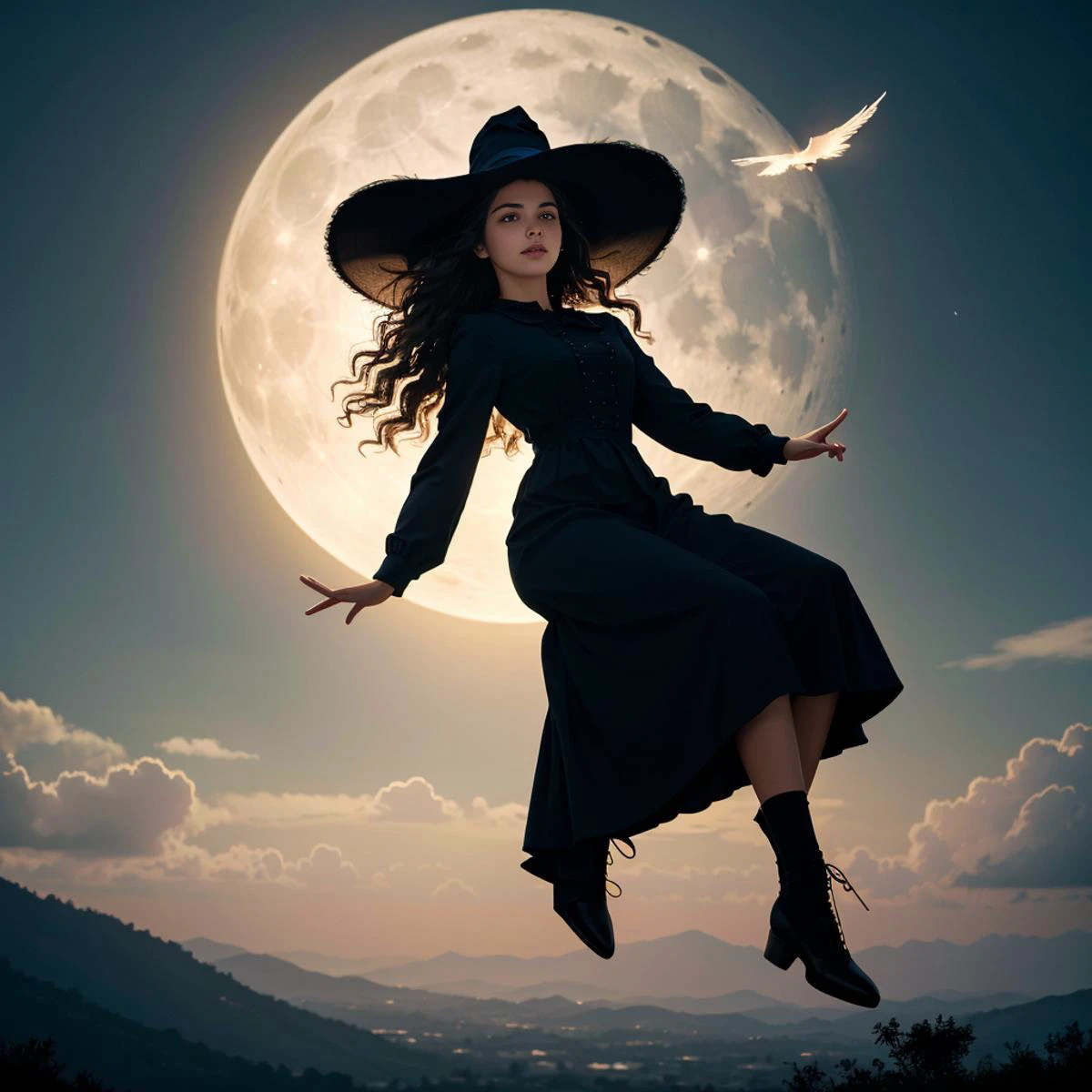 best quality, masterpiece, (isabela merced), in the style of alan rickman, portrait, looking up, solo, (full body:0.6), detailed background, (victorian theme:1.1), witch hat, witch, (glowing eyes:1.1), hair flowing in the wind, blue trimmed dark colored clothes, (full body:1.3), (hovering in the air, levitating:1.2), (open sky in background:1.1), whirlwind of swirling weaves in the air, updraft, moonlight, rain, wet, drenched, cinematic atmosphere,, EyeDetail,