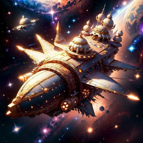 <lora:MahabharataPunkAI:.8> MahabharataPunkAI spaceship in space, stars