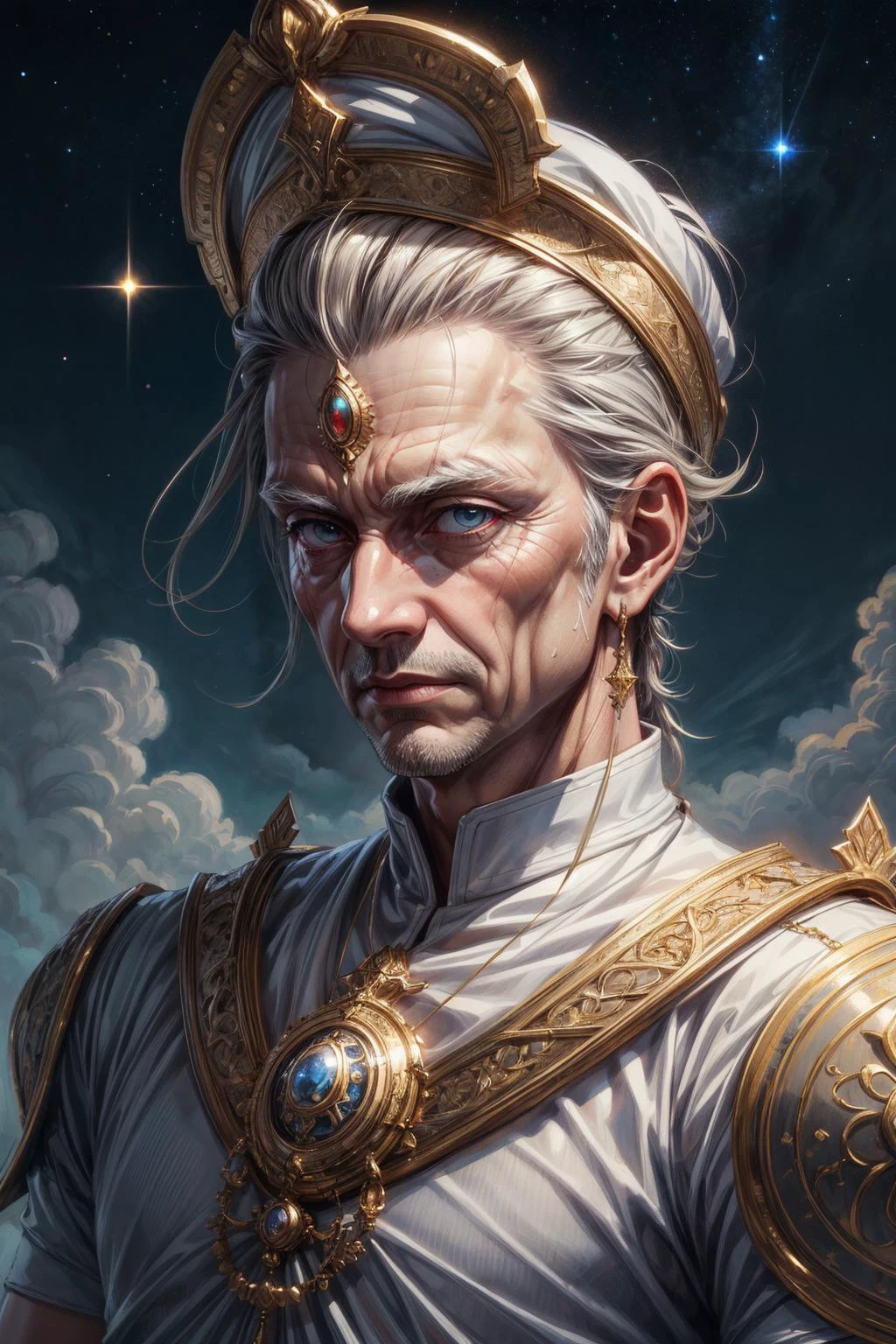 (extremely detailed:1.3), (masterpiece:1.3), illustration, Intricate illumination, Fine shadows, sharp focus, ((best quality)), <lora:more_details:1>, <lora:sharpen-soften:-0.25>, <lora:realistic:0.25>,
(1man, wrinkled face, old male:1.2), frail, grey eyes, medium blonde hair, slick back,
portrait, looking at viewer, solo, upper body, detailed background, close up, shining (<lora:MahabharataPunkAI:0.6>, MahabharataPunkAI theme:1.1), divine deity of the night, starry sky, clouds, pale skin, majestic divine atmosphere, bright light, holy aura, bloom, divine light, white clothes, blessing, dynamic pose,