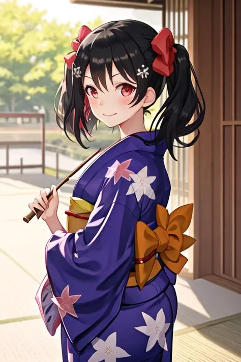 best quality, masterpiece, highres, solo, {yukata:1.40}, {kimono:1.20}, {yazawa_nico_lovelive:1.15}, black_hair, red_eyes, twintails, blush, smile, bow, hair_bow, bangs