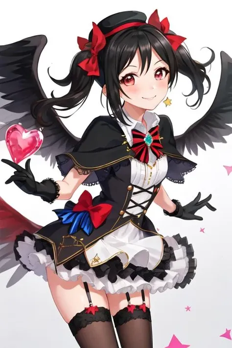 best quality, masterpiece, highres, solo, {yazawa_nico_lovelive:1.15}, black_hair, red_eyes, twintails, blush, smile, bow, hair_bow, bangs, 1girl, brooch, gloves, hat, jewelry, looking_at_viewer, white_gloves, wings, angel_wings, feathered_wings, white_wings, dress, gem, star_\(symbol\), capelet, ribbon, striped, \\m/, frills, holding, striped_bow