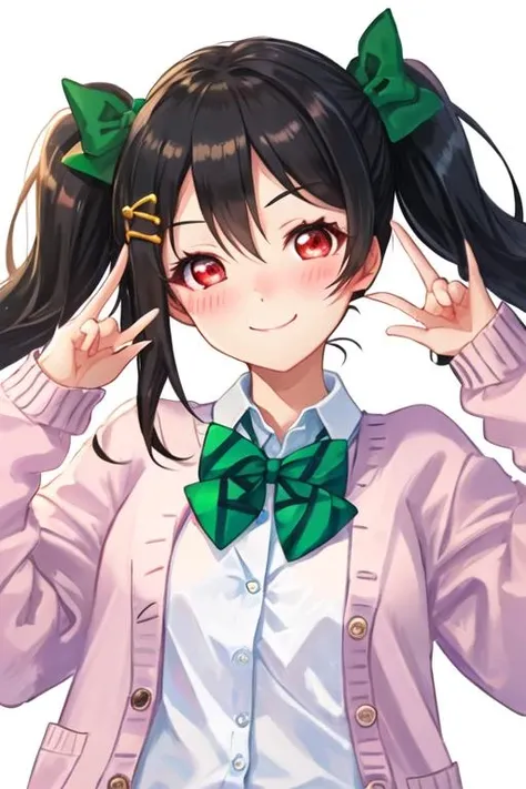 best quality, masterpiece, highres, solo, {yazawa_nico_lovelive:1.15}, black_hair, red_eyes, twintails, blush, smile, bow, hair_bow, bangs, 1girl, green_bow, green_bowtie, looking_at_viewer, otonokizaka_school_uniform, red_bow, school_uniform, striped, striped_bow, bowtie, striped_bowtie, shirt, simple_background, white_background, cardigan, summer_uniform, long_sleeves, pink_cardigan, hair_between_eyes, upper_body, white_shirt, collared_shirt