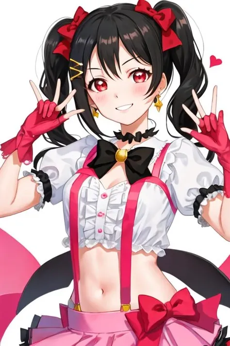best quality, masterpiece, highres, solo, {yazawa_nico_lovelive:1.15}, black_hair, red_eyes, twintails, blush, smile, bow, hair_bow, bangs, 1girl, bokura_wa_ima_no_naka_de, bowtie, choker, collarbone, earrings, fingerless_gloves, frills, gloves, jewelry, looking_at_viewer, pink_bow, pink_bowtie, red_bow, red_gloves, shirt, short_sleeves, white_background, white_shirt, frilled_choker, hair_between_eyes, navel, puffy_sleeves, simple_background, skirt, suspenders, upper_body, black_bow, heart, puffy_short_sleeves