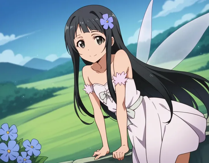 score_9, score_8_up, score_7_up, source_anime,
saoyui, <lora:sao-yui-s1-alo-ponyxl-lora-nochekaiser:0.8>,
yui, long hair, bangs, black hair, hair ornament, very long hair, flower, hair flower, black eyes,
dress, bare shoulders, collarbone, wings, fairy wings, fairy,
outdoors, landscape, smile, bent over,
cowboy shot, looking at viewer, solo, dutch angle,