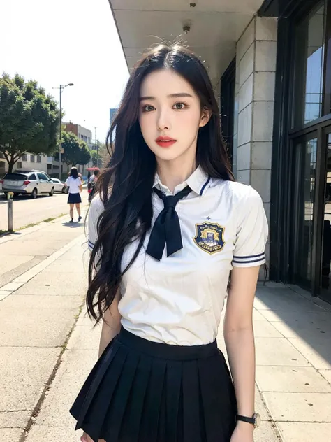 1girl,((best quality )), (masterpiece) , (realistic shadow) , ( depth of field),(sunny city background ),(highlight face detail), (nude:0.5), unparalleled masterpiece, ultra realistic 8k , perfect artwork,((perfect female figure)),mature female, milf, narrow waist, small breasts, black hair,hair pulled back, detailed skin, looking at viewer, perfect face,perfect body,photorealistic , masterpiece, 8k, high res,lens flare, soft lighting <lora:Velociraptor Teresa V1:0.6>,(jk:1.3),(school uniform:1.3),(high school uniform:1.4), JK, full body,skinny , thin legs,lace white pantyhose, white thighhighs