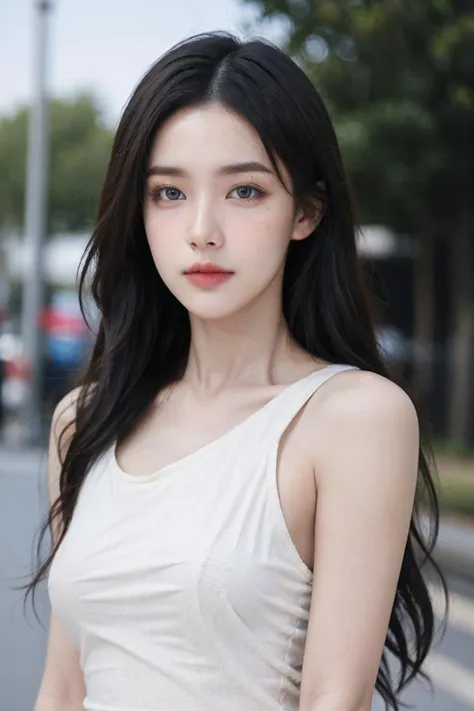 cinematic photo 1girl,breasts,brown eyes,(black long straight hair:1.2),collarbone,(upper body:1.2),(large breasts:1.4),looking at viewer,8k uhd,dslr,soft lighting,high quality,film grain,Fujifilm XT3,outdoors,photorealistic,realistic,solo,upper body,richly defined face,dewy skin,products shot,(high detailed skin:1.2),detailed face and eyes,natural skin texture,highly detailed skin,textured skin,skin pores,imperfect skin,visible skin detail,detailed skin texture,tank top,sleeveless,shirt,<lora:Velociraptor Teresa V1:0.5>,