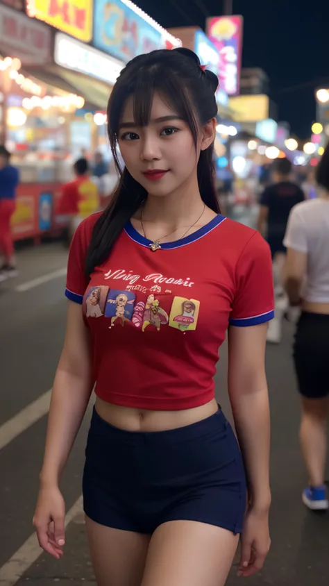 ice_cream_girl_v2, Nsfw, night photography and r/nsfw and r/amateur and rNude_Selfies, (masterpiece:1.2), (best quality:1.2), (extremely detailed:1.2), (cinematic lighting, perfect lighting, blooming), bokeh, Thai young girl wearing ((red t-shirt, blue collar, blue sleeve)), necklace, ((panty)), walking in Thailand night market, portrait, warm light, look at side, <lora:ice_cream_girl_v2:0.7>