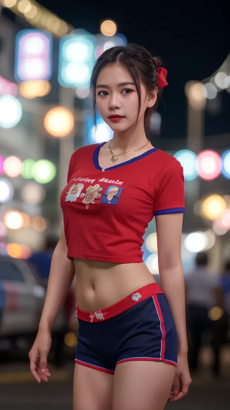ice_cream_girl_v2, Nsfw, night photography and r/nsfw and r/amateur and rNude_Selfies, (masterpiece:1.2), (best quality:1.2), (extremely detailed:1.2), (cinematic lighting, perfect lighting, blooming), bokeh, Thai young girl wearing ((red t-shirt, blue collar, blue sleeve:1.2)), necklace, ((briefs)), walking in Thailand night market, portrait, warm light, look at side,<lora:ice_cream_girl_v2:0.7>