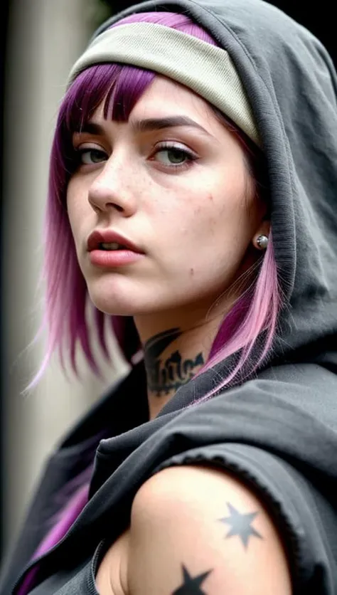 ((best quality)), ((masterpiece)), ((realistic)), (detailed), (1 girl) women, hoodie, arm tattoo, portrait, asymmetrical bangs, bandaid, short hair, bangs, breasts, freckles, grey eyes, large breasts, looking at viewer, neck tattoo, nose piercing, pink hair, solo, tattoo on face, upper body, detailed background, town, alley, dark alley, portrait, hood on head, night, angry, close up, closed mouth, , ((masterpiece)), absurdres