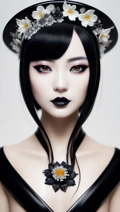 illustration of a japanese woman, black lipstick, made of milk, liquid dress, wine splash, detailed face, intricate, elegant, sharp focus, photo by greg rutkowski, soft lighting, vibrant colors, masterpiece, detailed face, detailed face, detailed eyes, flower hat, white veil