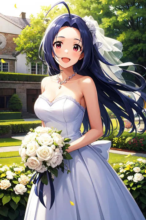 masterpiece, best quality, highres, aaazusa, long hair, ahoge, parted bangs, <lora:miura_azusa_v1:0.7>, wedding dress, strapless, necklace, white dress, garden, standing, cowboy shot, holding bouquet, open mouth, smile, confetti,