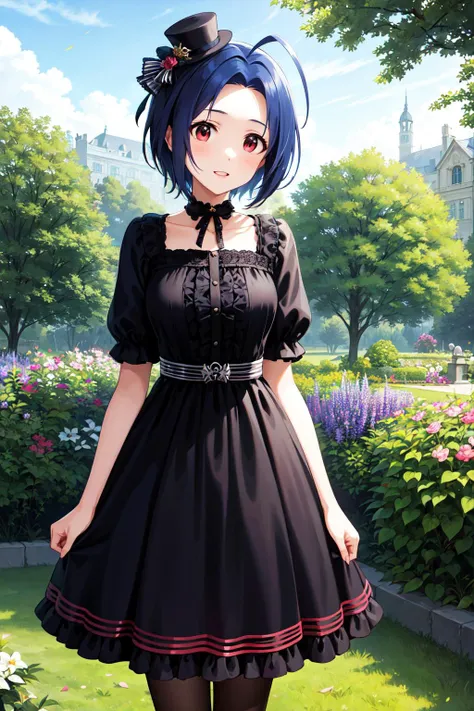 masterpiece, best quality, highres, aaazusa, short hair, ahoge, parted bangs, <lora:miura_azusa_v1:0.7>, gothic, dress, black dress, mini hat, standing, outdoors, garden, petals,