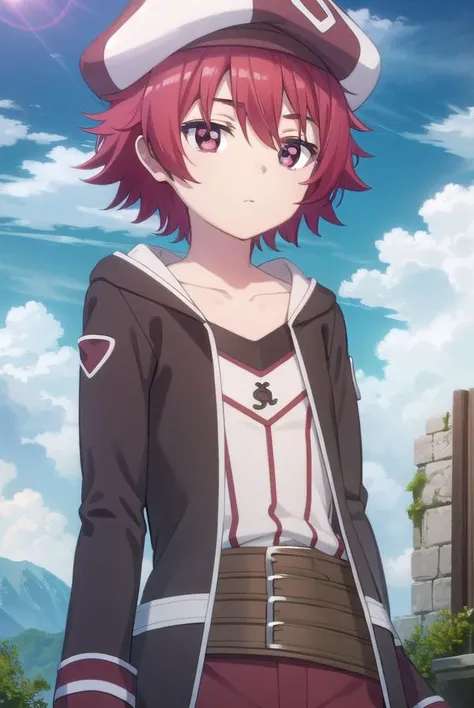 bofurikanade, <lora:bofuri kanade s2-lora-nochekaiser:1>,
kanade, short hair, (red eyes:1.3), red hair,
BREAK gloves, hat, collarbone, black gloves, belt, pants, coat, beret,
BREAK outdoors, forest, nature, sky, sun, clouds,
BREAK looking at viewer,
BREAK <lyco:GoodHands-beta2:1>, (masterpiece:1.2), best quality, high resolution, unity 8k wallpaper, (illustration:0.8), (beautiful detailed eyes:1.6), extremely detailed face, perfect lighting, extremely detailed CG, (perfect hands, perfect anatomy),