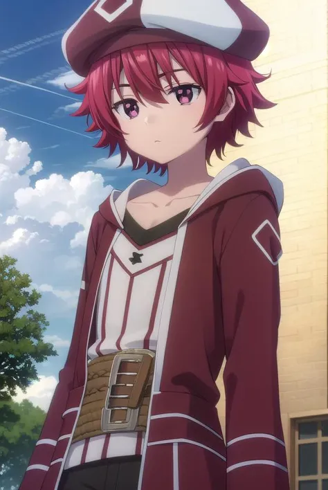 bofurikanade, <lora:bofuri kanade s2-lora-nochekaiser:1>,
kanade, short hair, (red eyes:1.3), red hair,
BREAK gloves, hat, collarbone, black gloves, belt, pants, coat, beret,
BREAK outdoors, forest, nature, sky, sun, clouds,
BREAK looking at viewer,
BREAK <lyco:GoodHands-beta2:1>, (masterpiece:1.2), best quality, high resolution, unity 8k wallpaper, (illustration:0.8), (beautiful detailed eyes:1.6), extremely detailed face, perfect lighting, extremely detailed CG, (perfect hands, perfect anatomy),