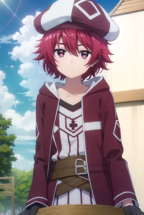 bofurikanade, <lora:bofuri kanade s2-lora-nochekaiser:1>,
kanade, short hair, (red eyes:1.3), red hair,
BREAK gloves, hat, collarbone, black gloves, belt, pants, coat, beret,
BREAK outdoors, forest, nature, sky, sun, clouds,
BREAK looking at viewer,
BREAK <lyco:GoodHands-beta2:1>, (masterpiece:1.2), best quality, high resolution, unity 8k wallpaper, (illustration:0.8), (beautiful detailed eyes:1.6), extremely detailed face, perfect lighting, extremely detailed CG, (perfect hands, perfect anatomy),
