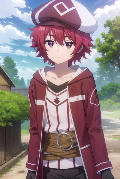 bofurikanade, <lora:bofuri kanade s2-lora-nochekaiser:1>,
kanade, short hair, (red eyes:1.3), red hair,
BREAK gloves, hat, collarbone, black gloves, belt, pants, coat, beret,
BREAK outdoors, forest, nature, sky, sun, clouds,
BREAK looking at viewer,
BREAK <lyco:GoodHands-beta2:1>, (masterpiece:1.2), best quality, high resolution, unity 8k wallpaper, (illustration:0.8), (beautiful detailed eyes:1.6), extremely detailed face, perfect lighting, extremely detailed CG, (perfect hands, perfect anatomy),