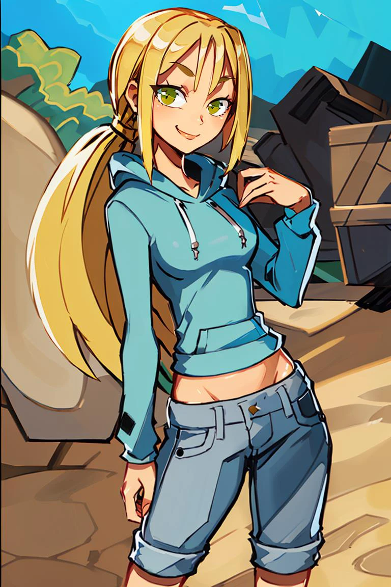 ((masterpiece,best quality)), absurdres,
<lora:Bridgette_Total_Drama:0.7>, Bridgette_Total_Drama, denim, hoodie,
solo, smiling, looking at viewer, cowboy shot,
cinematic composition, contrapposto