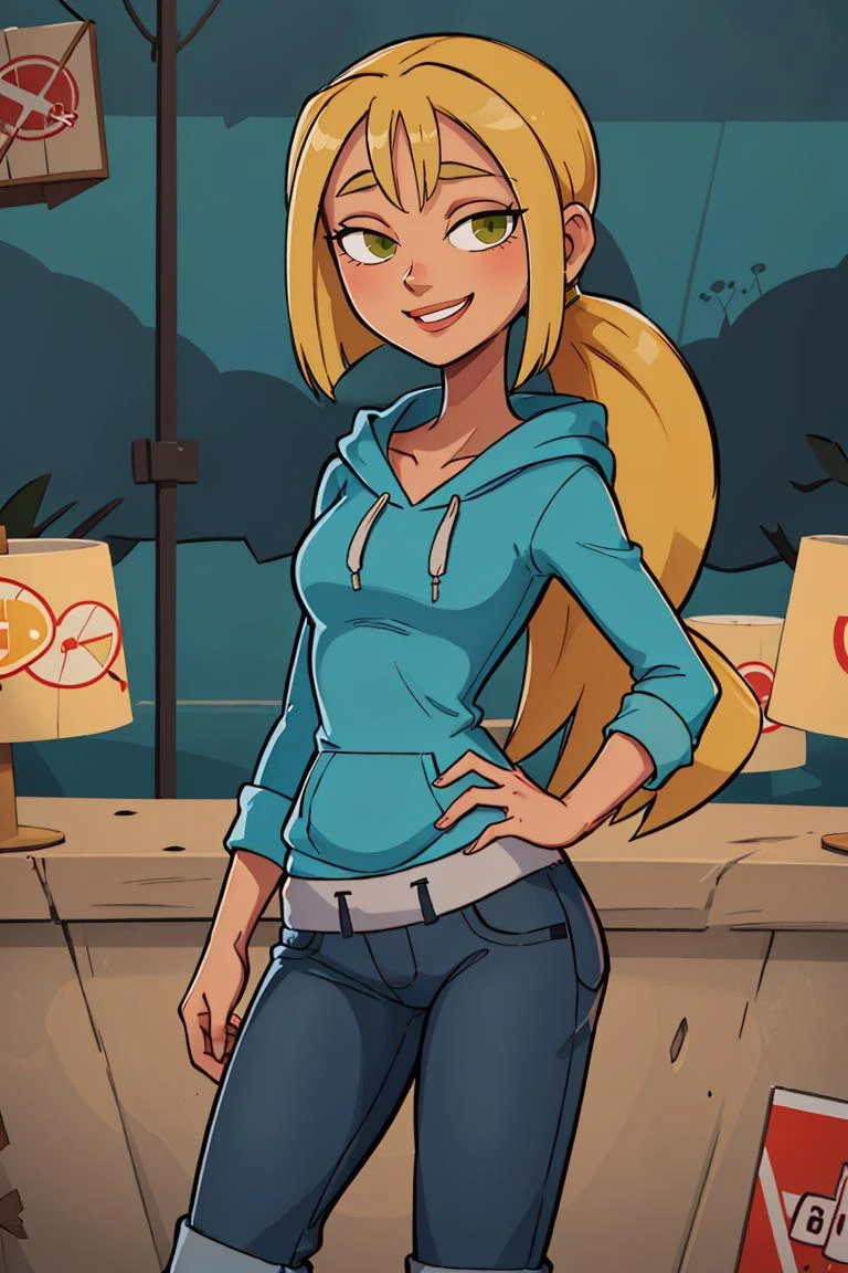 ((masterpiece,best quality)), absurdres,
<lora:Bridgette_Total_Drama:0.7>, Bridgette_Total_Drama, denim, hoodie,
solo, smiling, looking at viewer, cowboy shot,
cinematic composition, contrapposto