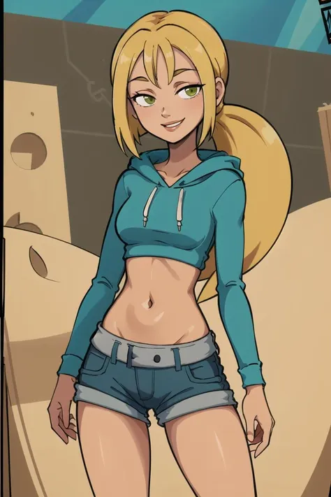 ((masterpiece,best quality)), absurdres,
<lora:Bridgette_Total_Drama:0.7>, Bridgette_Total_Drama, denim shorts, hoodie, 
solo, smiling, looking at viewer, cowboy shot, 
cinematic composition, contrapposto