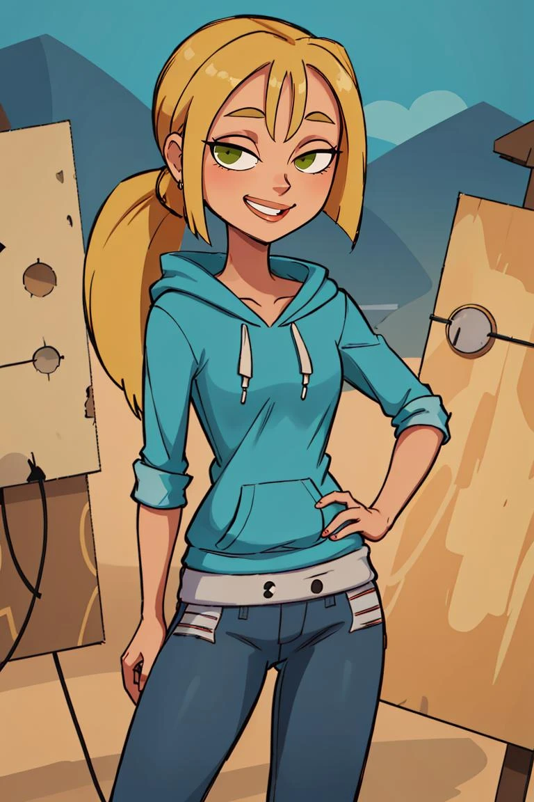 ((masterpiece,best quality)), absurdres,
<lora:Bridgette_Total_Drama:0.7>, Bridgette_Total_Drama, denim, hoodie,
solo, smiling, looking at viewer, cowboy shot,
cinematic composition, contrapposto