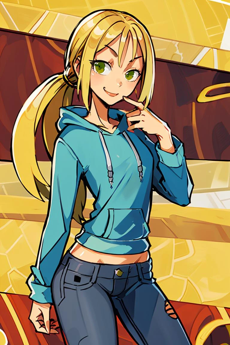 ((masterpiece,best quality)), absurdres,
<lora:Bridgette_Total_Drama:0.7>, Bridgette_Total_Drama, denim, hoodie,
solo, smiling, looking at viewer, cowboy shot,
cinematic composition, contrapposto