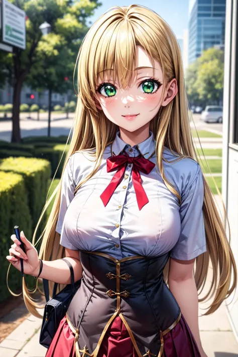 best quality, masterpiece, 1girl, (solo:1.1), raytracing, ultra detailed,detailed face, 8k wallpaper, wide hips, <lora:more_details:0.5>, smile, AsiaArgentoNDV, 1girl, blonde hair, large breasts, long hair, green eyes, red skirt, school uniform, shirt, corset, ribbon, <lora:AsiaArgento_NDV:0.7>, outdoor