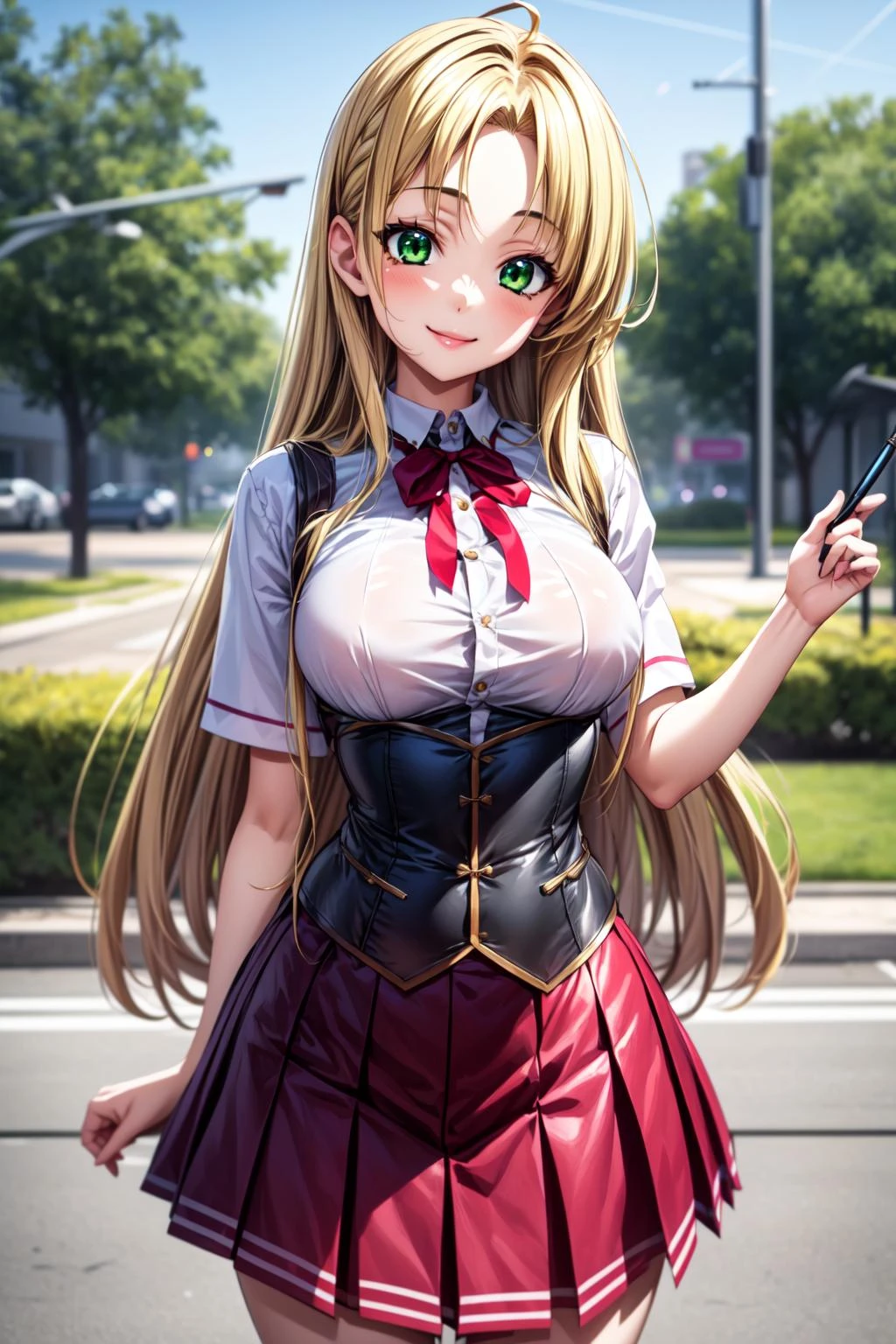 best quality, masterpiece, 1girl, (solo:1.1), raytracing, ultra detailed,detailed face, 8k wallpaper, wide hips, <lora:more_details:0.5>, smile, AsiaArgentoNDV, 1girl, blonde hair, large breasts, long hair, green eyes, red skirt, school uniform, shirt, corset, ribbon, <lora:AsiaArgento_NDV:0.7>, outdoor