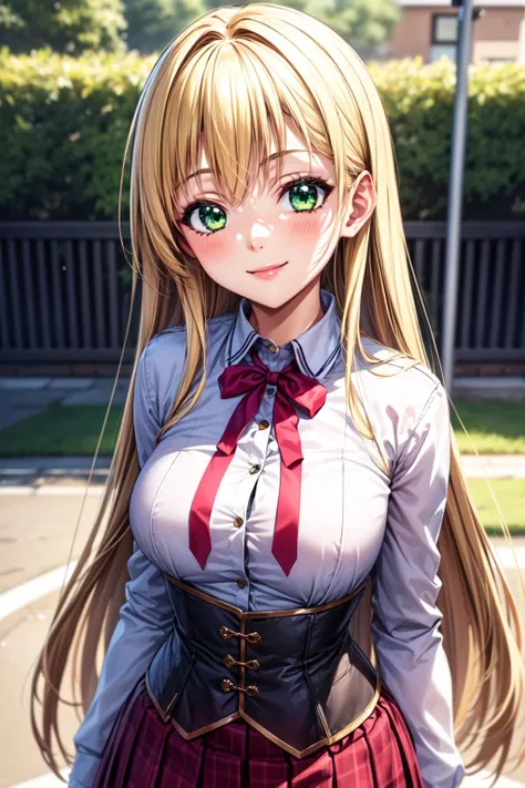 best quality, masterpiece, 1girl, (solo:1.1), raytracing, ultra detailed,detailed face, 8k wallpaper, wide hips, <lora:more_details:0.5>, smile, AsiaArgentoNDV, 1girl, blonde hair, large breasts, long hair, green eyes, red skirt, school uniform, shirt, corset, ribbon, <lora:AsiaArgento_NDV:0.7>, outdoor