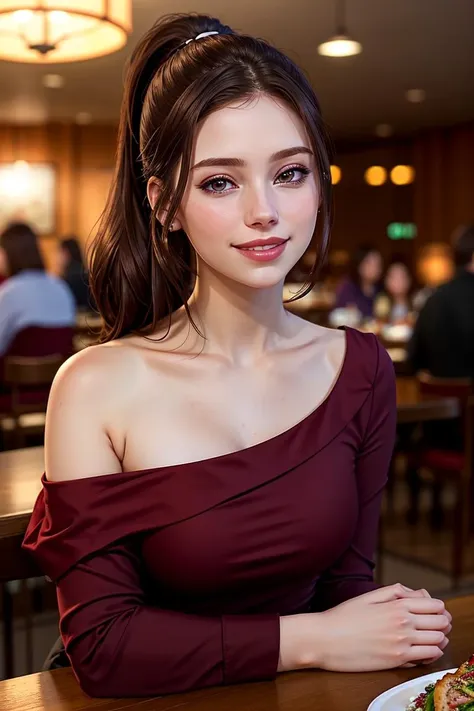 a front shot of a (beautiful:1.2) (pale) [brunette] young woman with a tight ponytail and tfft wearing a low neck maroon one-shoulder blouse sitting in a low-lit restaurant, smiling, ((opposite end of table)), pov, food, romantic dinner, (bokeh:1.1), (elbows on table) <lora:tfft_v2:0.6>