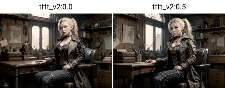 an attractive (brunette) pirate queen with a wearing a (huge full length canvas pirate coat:1.2) (in captains quarters:1.1), straps, choker, earrings, canvas pants, ((sitting at:1.1) a cluttered desk), [nautical maps], [books], ponytail,
(steampunk:1.3), hands on desk, seated on chair,
best quality, masterpiece, ultra high resolution, intricately detailed, beautiful lighting, tfft  <lora:tfft_v2:0.0>