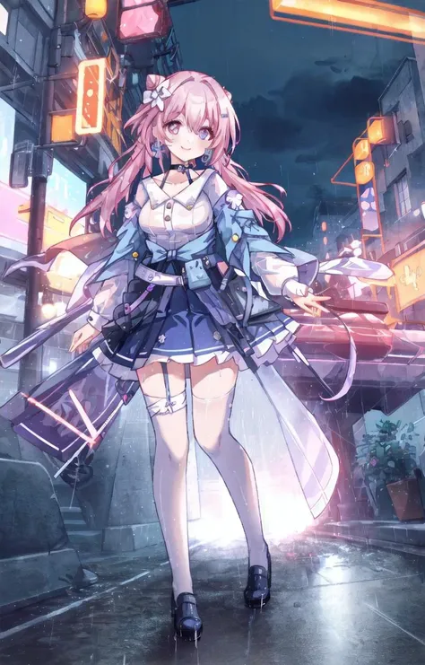 masterpiece, best quality,1girl,solo,absurdres,outdoors,street,night,cyberpunk,cyborg,neon light,wet, <lora:March7th (1):0.75>, 1girl,pink hair,long hair,purple eyes, earrings,jewelry,choker, long sleeves, white shirt,blue skirt, <lora:keqing_lion_optimizer_dim64_loraModel_5e-3noise_token1_4-3-2023:0.6>, hair bun, twintails, diamond-shaped pupils, hair ornament, cone hair bun, very long hair, double bun, bangs, bow, hair flower, hair bow,white thighhighs,smile.fullbody,cowboy shot, <lora:BattlefieldStyle-000016:0.65>,bfstyle