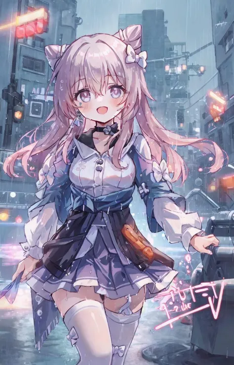 masterpiece, best quality,1girl,solo,absurdres,outdoors,street,night,cyberpunk,cyborg,neon light,wet, <lora:March7th (1):0.75>, 1girl,pink hair,long hair,purple eyes, earrings,jewelry,choker, long sleeves, white shirt,blue skirt, <lora:keqing_lion_optimizer_dim64_loraModel_5e-3noise_token1_4-3-2023:0.65>, hair bun, twintails, diamond-shaped pupils, hair ornament, cone hair bun, very long hair, double bun, bangs, bow, hair flower, hair bow,white thighhighs,smile,cowboy shot, <lora:BattlefieldStyle-000016:0.65>,bfstyle,open mouth,