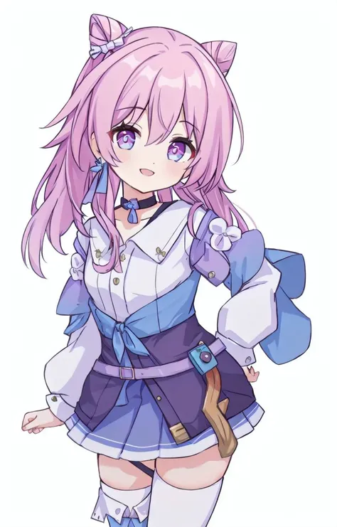 masterpiece, best quality,1girl,solo,absurdres,simple background,white background, <lora:March7th (1):0.75>, 1girl,pink hair,long hair,purple eyes, earrings,jewelry,choker, long sleeves, white shirt,blue skirt, <lora:keqing_lion_optimizer_dim64_loraModel_5e-3noise_token1_4-3-2023:0.6>, hair bun, twintails, diamond-shaped pupils, hair ornament, cone hair bun, very long hair, double bun, bangs, bow, hair flower, hair bow,white thighhighs,smile.fullbody,cowboy shot