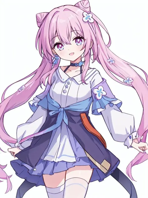 masterpiece, best quality,1girl,solo,absurdres,simple background,white background, <lora:March7th (1):0.75>, 1girl,pink hair,long hair,purple eyes, earrings,jewelry,choker, long sleeves, white shirt,blue skirt, <lora:keqing_lion_optimizer_dim64_loraModel_5e-3noise_token1_4-3-2023:0.5>, hair bun, twintails, diamond-shaped pupils, hair ornament, cone hair bun, very long hair, double bun, bangs, bow, hair flower, hair bow,white thighhighs,smile.fullbody,cowboy shot