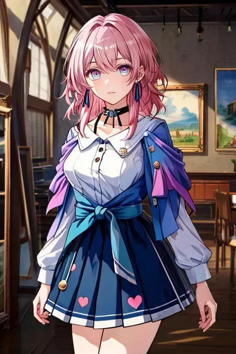 <lora:more_details:0.3>, (Masterpiece, top quality, best quality, official art, beautiful and aesthetic:1.2), 1girl, march7th, short hair, multicolored_eyes, pink hair, bangs, blue_eyes, long locks, ribbon earrings, shirt, skirt, choker, jacket, <lora:march7thv4:0.65>