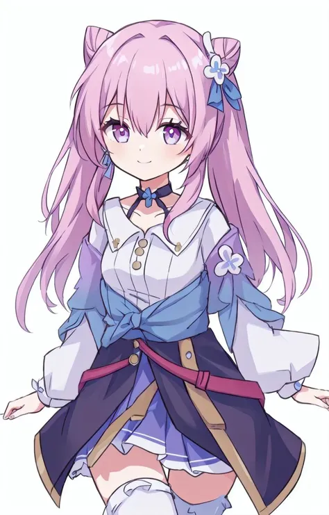 masterpiece, best quality,1girl,solo,absurdres,simple background,white background, <lora:March7th (1):0.75>, 1girl,pink hair,long hair,purple eyes, earrings,jewelry,choker, long sleeves, white shirt,blue skirt, <lora:keqing_lion_optimizer_dim64_loraModel_5e-3noise_token1_4-3-2023:0.6>, hair bun, twintails, diamond-shaped pupils, hair ornament, cone hair bun, very long hair, double bun, bangs, bow, hair flower, hair bow,white thighhighs,smile.fullbody,cowboy shot