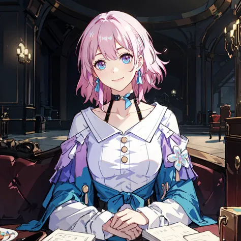 <lora:march7th:0.7>, march7th, multicolored_eyes, pink hair, ribbon earrings, collarbone, white_shirt, blue jacket, long_sleeves, choker, skirt, black bra, smile, sitting on sofa, palace interior, upper body shot, complex background, intricate detail, by oliver wetter