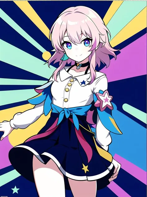 masterpiece, highres, best quality, cartoon, 1girl, flying, cute, abstract background, sticker, space, star \(symbol\), multicolored background, march7th, short hair, multicolored_eyes, pink hair, bangs, blue_eyes, long locks, ribbon earrings, shirt, skirt, choker, jacket, smile, <lora:march7th:0.6>